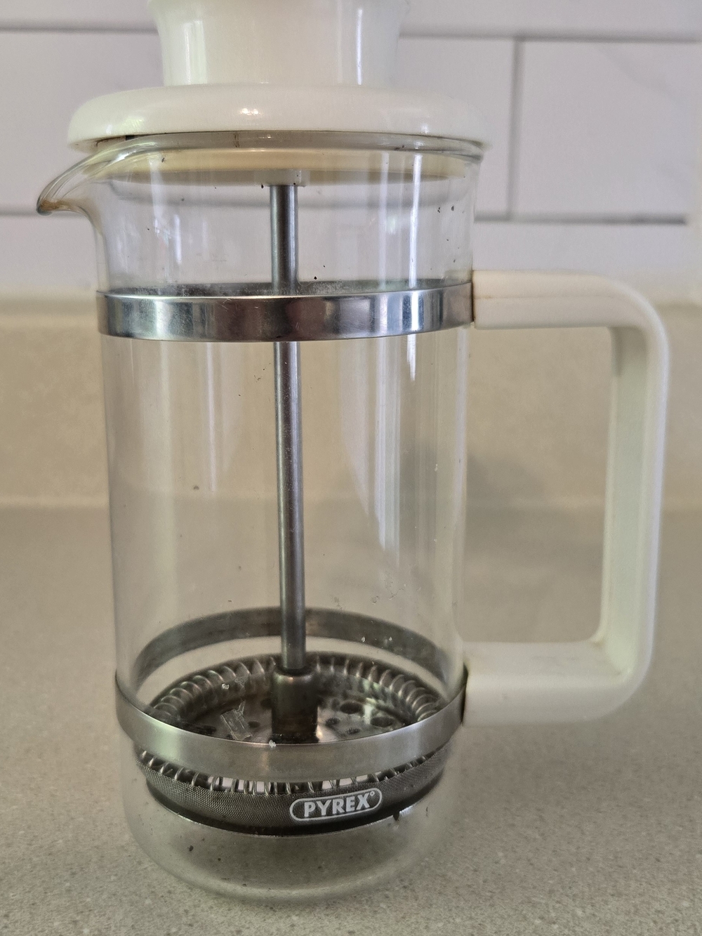 Vintage PYREX French Press Coffee Maker Glass White Lid Plunger MCM